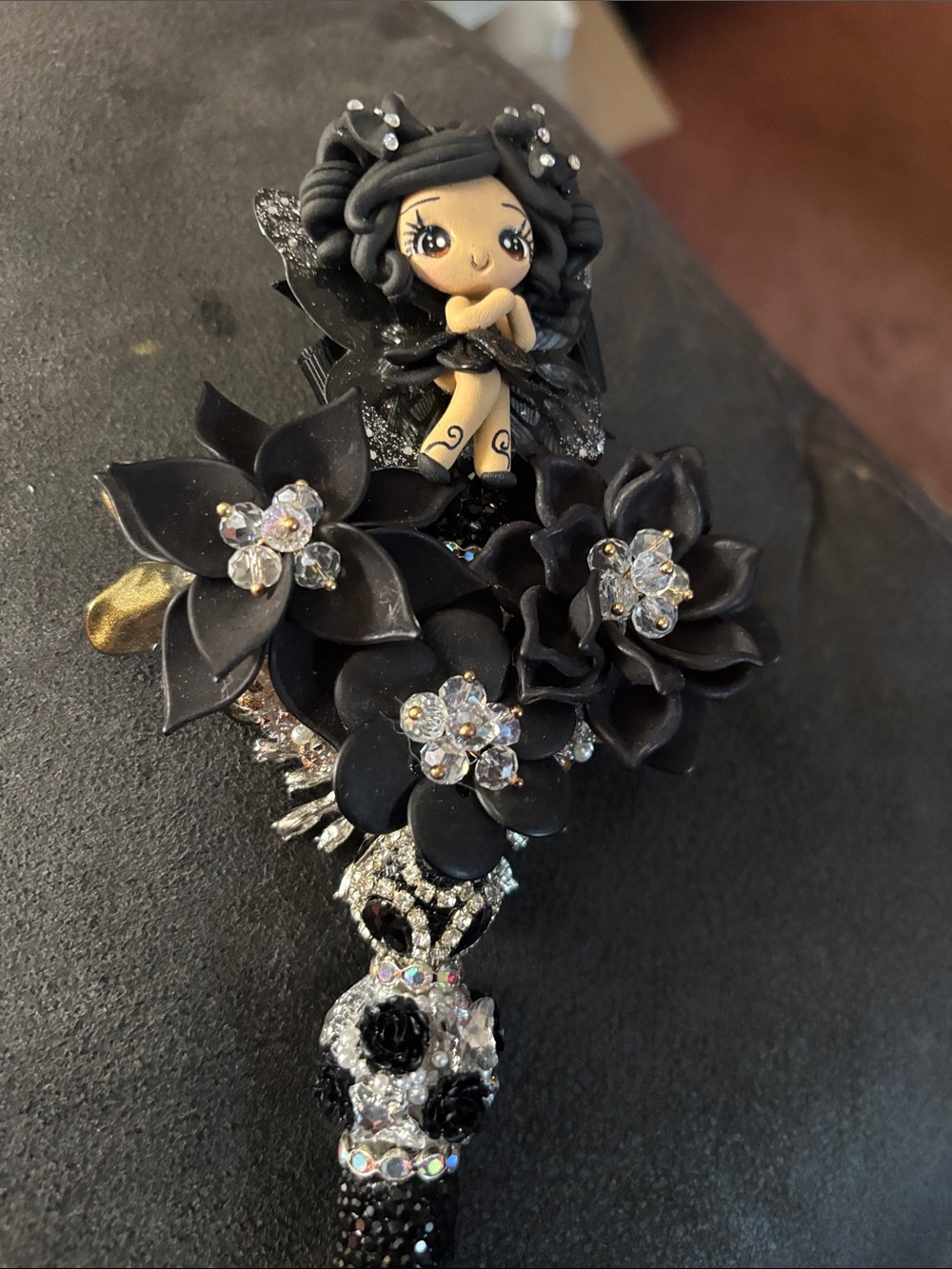 Black Floral Fairy Brooch with Crystal Accents